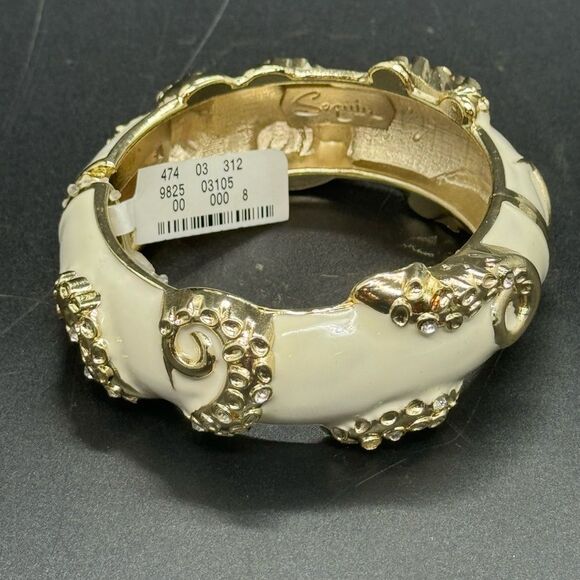 Sequin White and Gold Enamel Hinged Bangle Bracelet - Picture 3 of 16